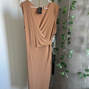 Norma Kamali Tan Wrap-Front Midi Dress